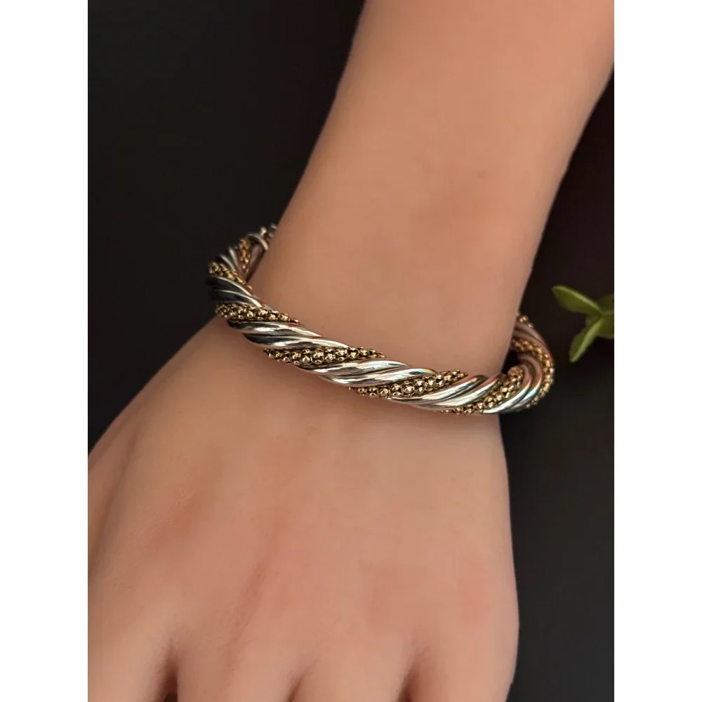 Italian Two Tone Sterling Silver Twisted Cable Popcorn Bangle Bracelet 8mm 31.4g
